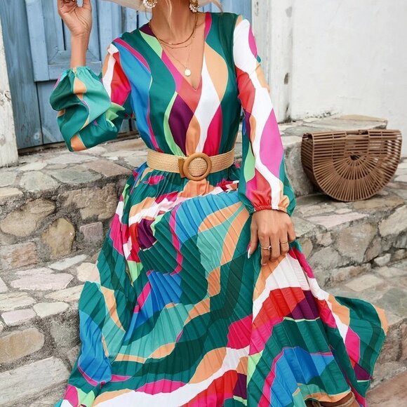 Multicolor Boho Womens All Over Print Lantern Sleeve Pleated Hem Dress - Picture 4 of 5